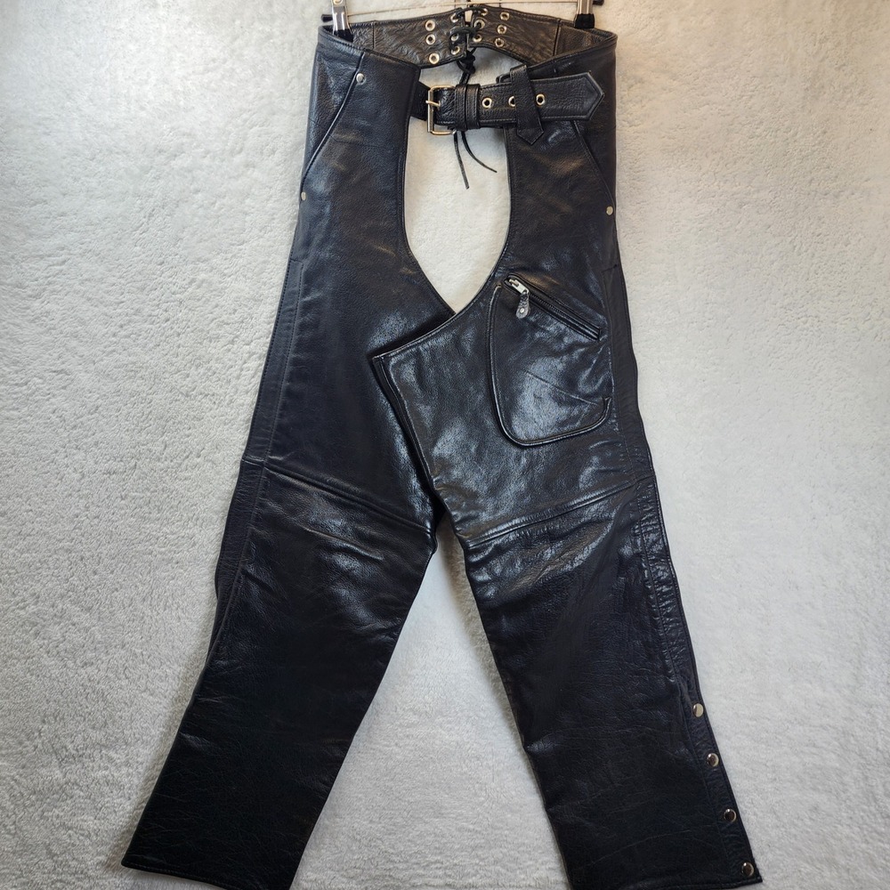 Unik Black Leather Motorcycle Chaps with Belt